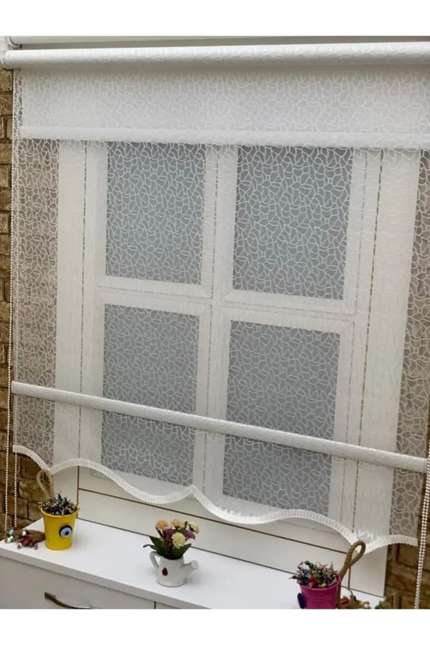 Mozaik Desenli Çiftli Sistem Tül Stor Perde 3569