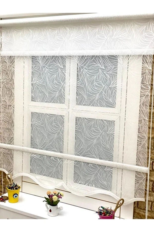 Yaprak Desenli Çiftli Sistem Tül Stor Perde 3575