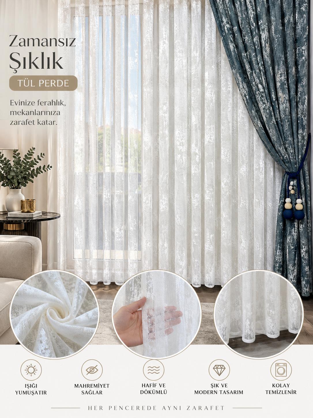 Örme Tül Perde Buz Desen Yakut Kırık Beyaz