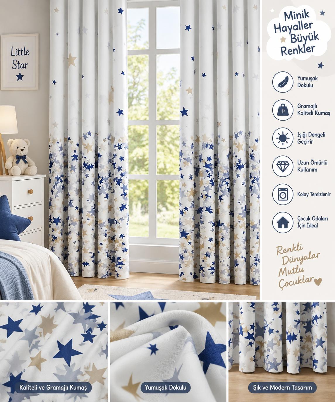 Yıldız Desen Çocuk Odası Fon Perde Desen 04