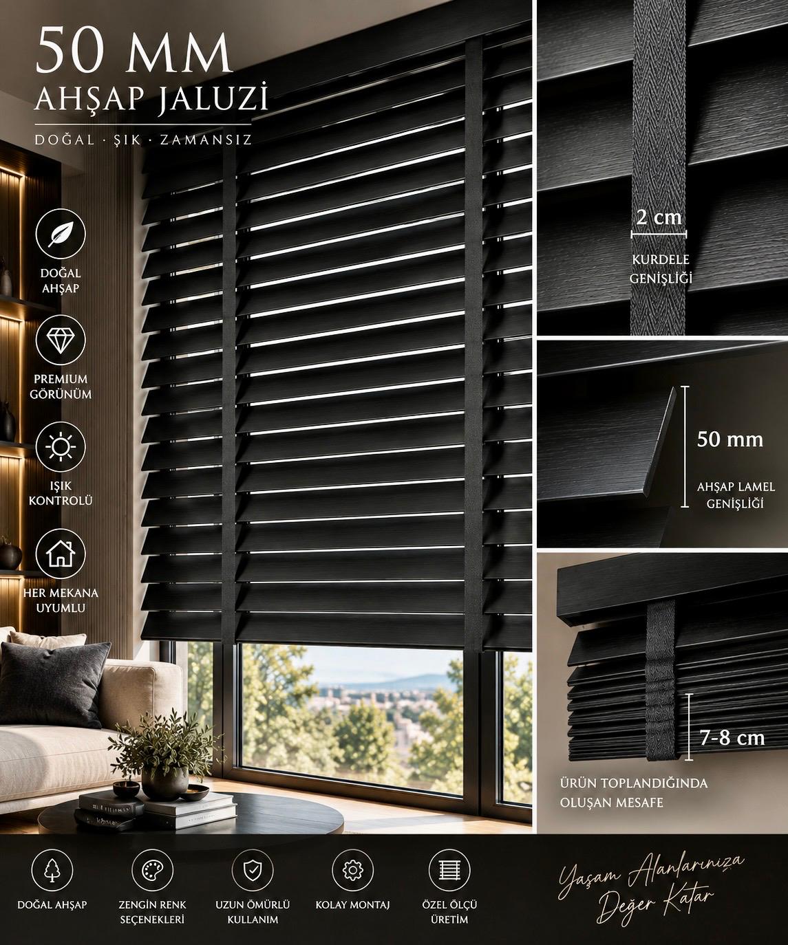 Doğal Ahşap Jaluzi 50mm Kurdeleli Redüktörlü - Siyah
